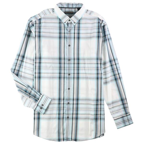 Shop Alfani Mens Meyrin Plaid Ls Button Up Shirt Blue Xlt