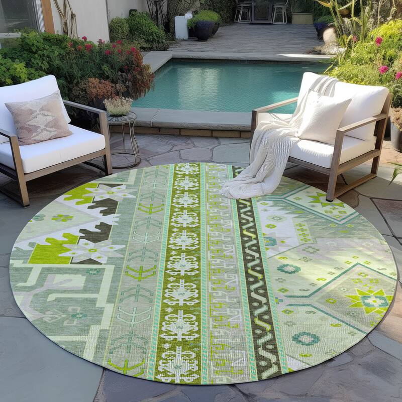 Machine Washable Indoor/ Outdoor Boho Tribal Chantille Rug - Sage - 8' x 8'