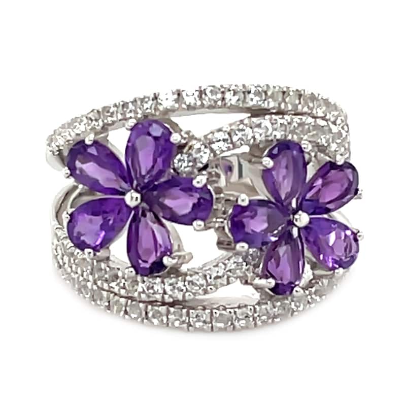 925 Sterling Silver African Amethyst and Created White Sapphire Gemstone Flower Ring