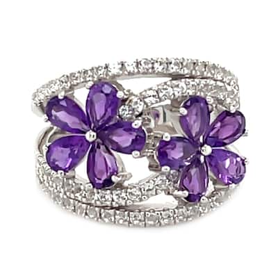 925 Sterling Silver African Amethyst and Created White Sapphire Gemstone Flower Ring