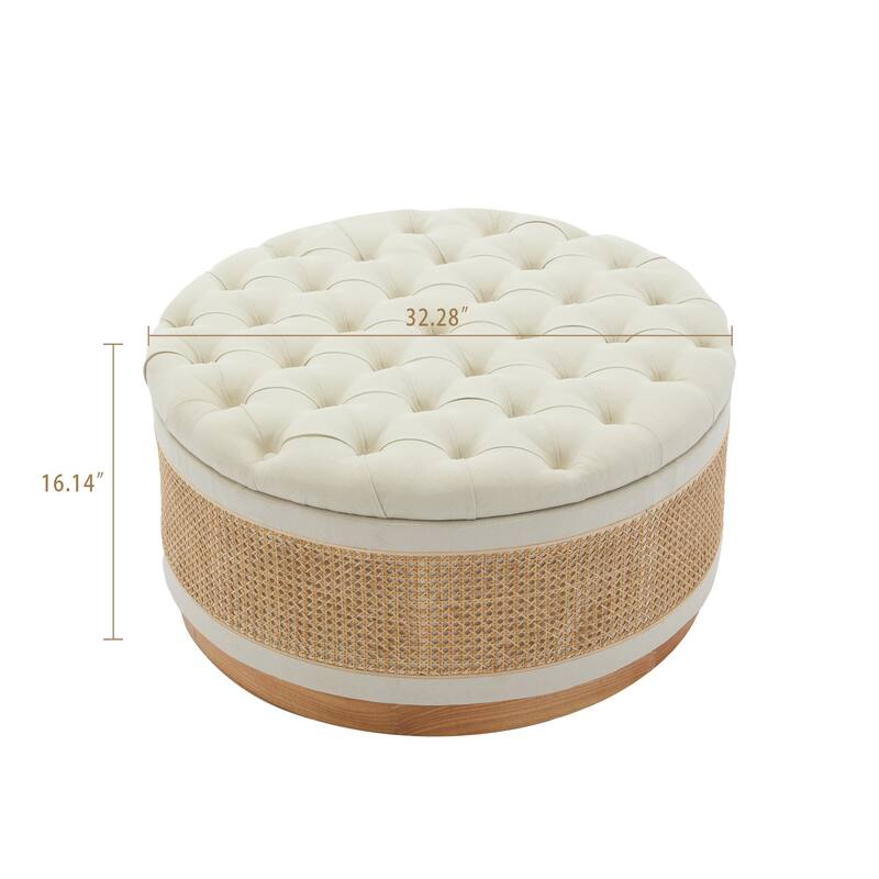 Linen & Rattan Round Storage Ottoman, Button-tufted Upholstery