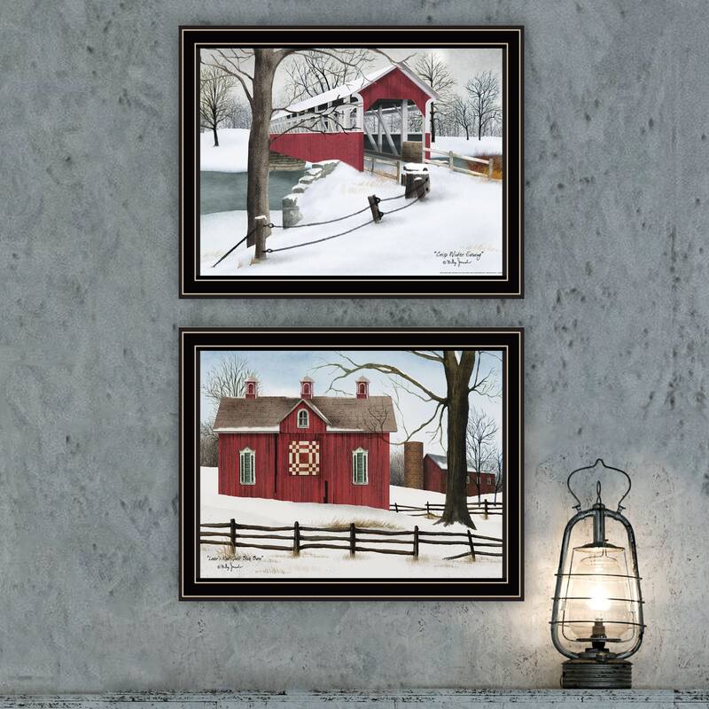2-Piece Framed Wall Art Set - Lovers Knot Quilt Barn & Covered Bridge, Black Frame