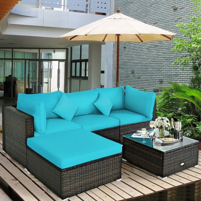 5 Pcs Outdoor Patio Rattan Furniture Set Sectional Conversation with Cushions - 29.5'' x 29.5'' x 25.5'' (L x W xH)