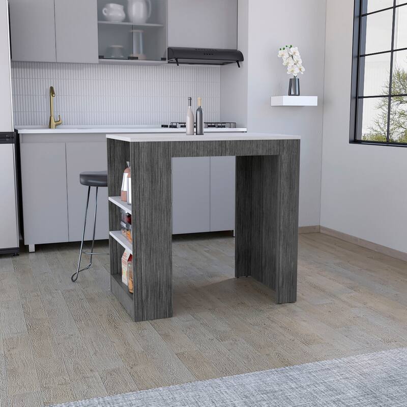 Kitchen Island with 3-Side Shelves for Dining Room. - Grey