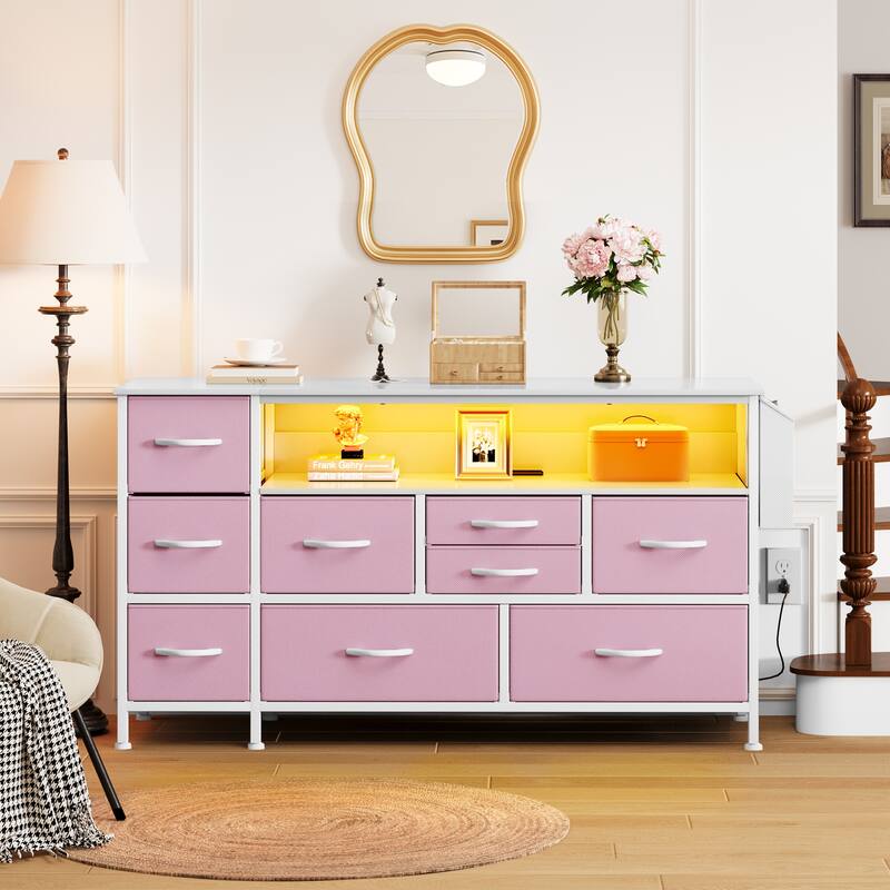 Moasis 50"W 9-drawer Fabric Dresser, Media Console, TV Stand with Outlets, RGB Lights