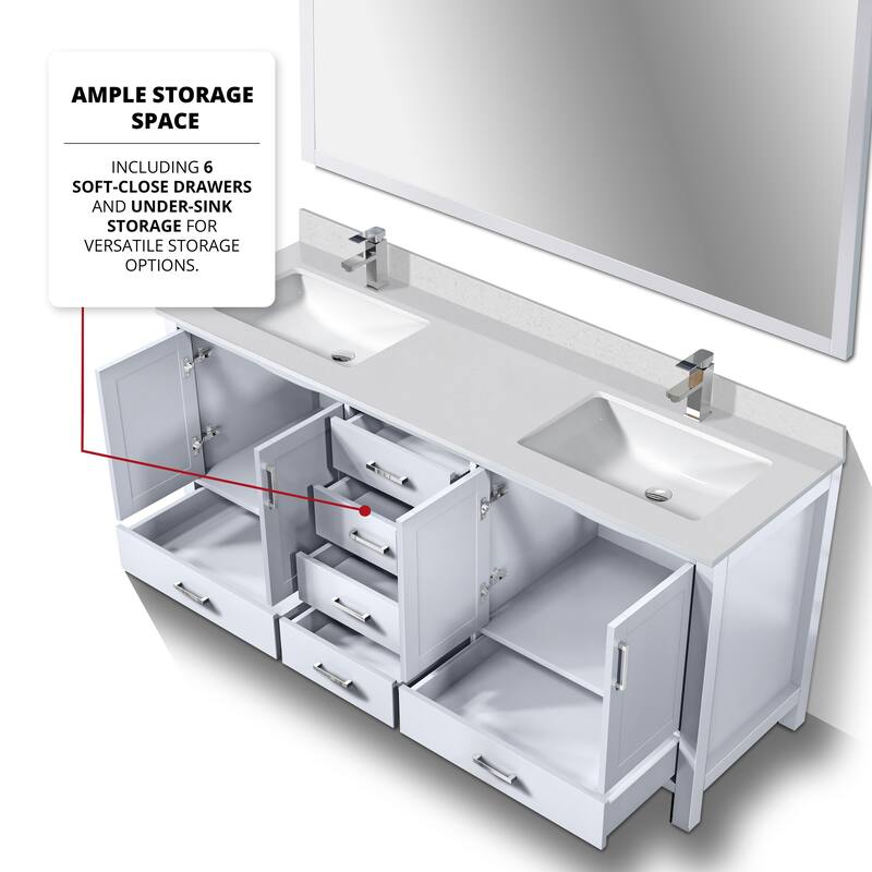 Jacques 72 in. W x 22 in. D White Double Bath Vanity, White Quartz Top, and 70 in. Mirror