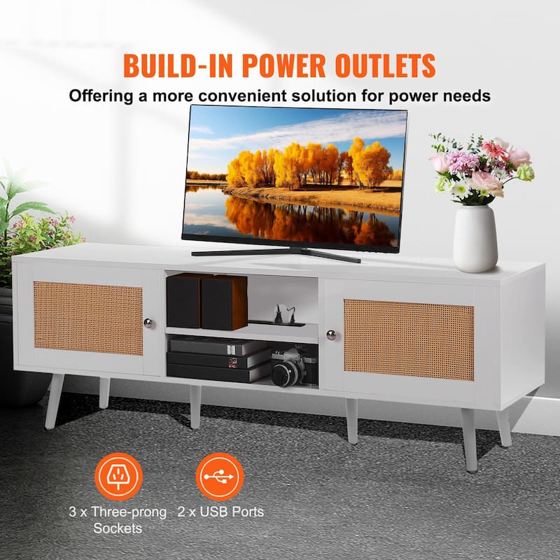 Modern Rattan TV Console for 65 Inch TV with Built-in Power Outlet - 55.1 x 15.8 x 19.7in