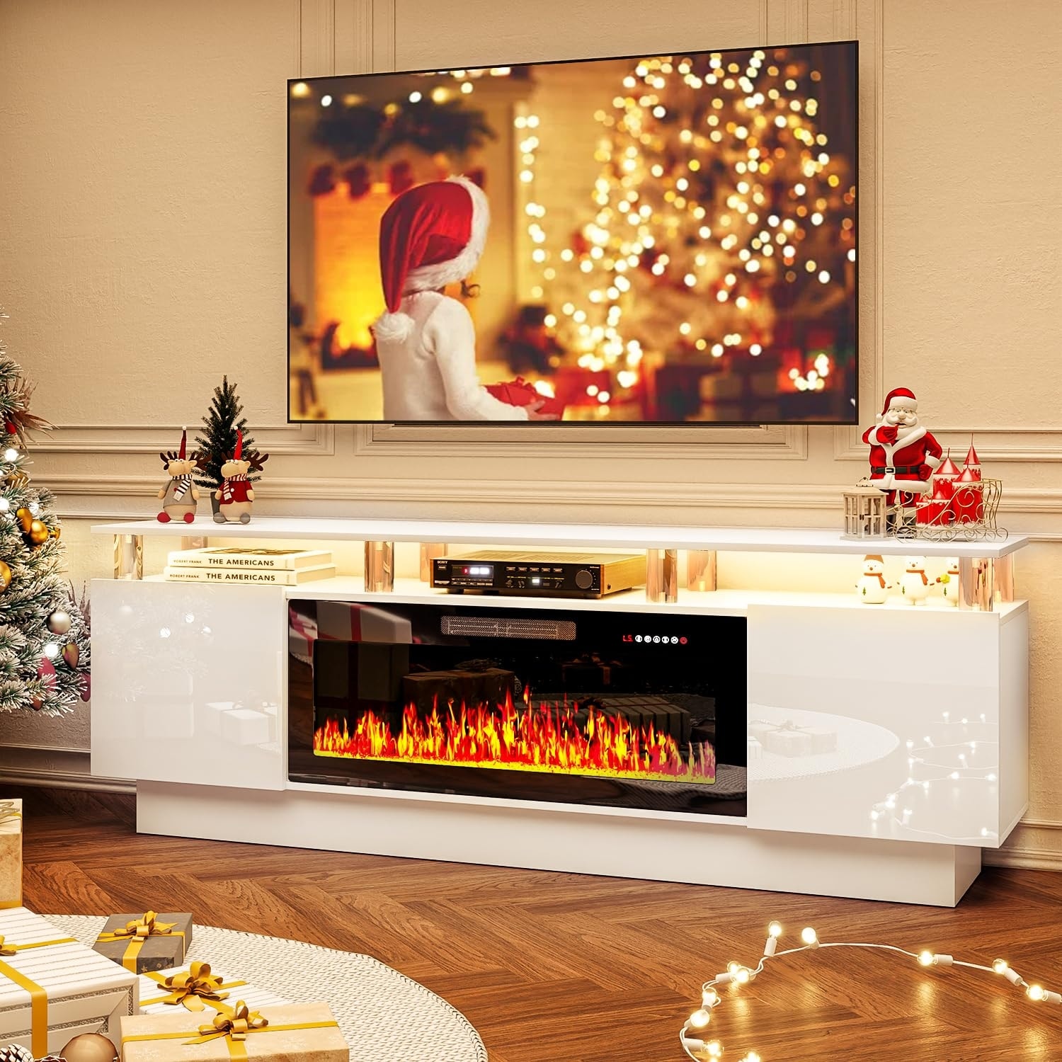 BOSSIN 70 Fireplace TV Stand with 36 Electric Fireplace, LED Light Entertainment Center Modern 2-Tier TV Console Stand