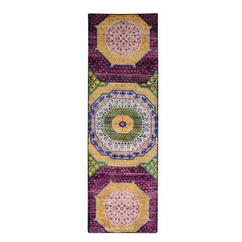 Shahbanu Rugs Sari Silk with Textured Wool Mamluk Design Wide Runner Colorful Hand Knotted Oriental Rug (2'6" x 8'2")