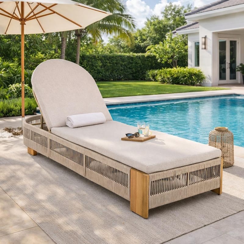 Outdoor Chaise Lounge w/Adjustable Backrest and Waterproof Cushion, Acacia Wood Pool Chair - Teak+Beige 1 chair