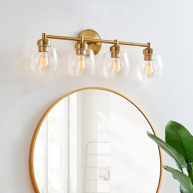 KAWOTI 4-Light Dimmable Bathroom Vanity Light with Glass Shade - Antiqued Brass