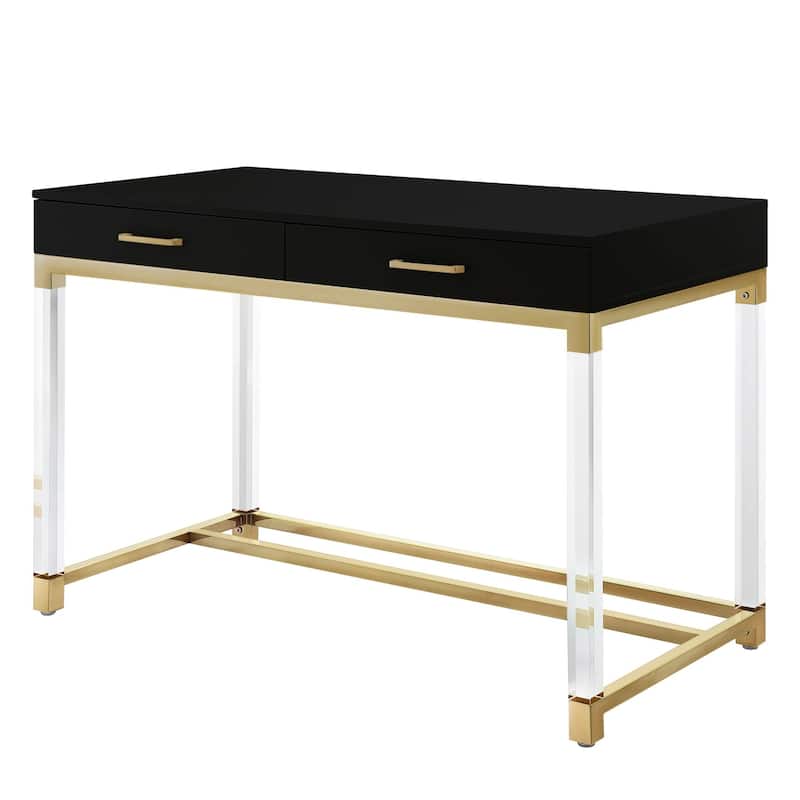HomeRoots 48" Black Clear and Gold Wood Acrylic and Stainless Steel Writing Desk With Two Drawers