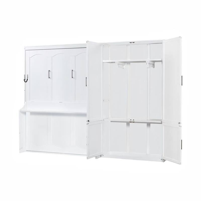 Queen Size Wall Bed with Built-In Closet and Hydraulic Lift System, White