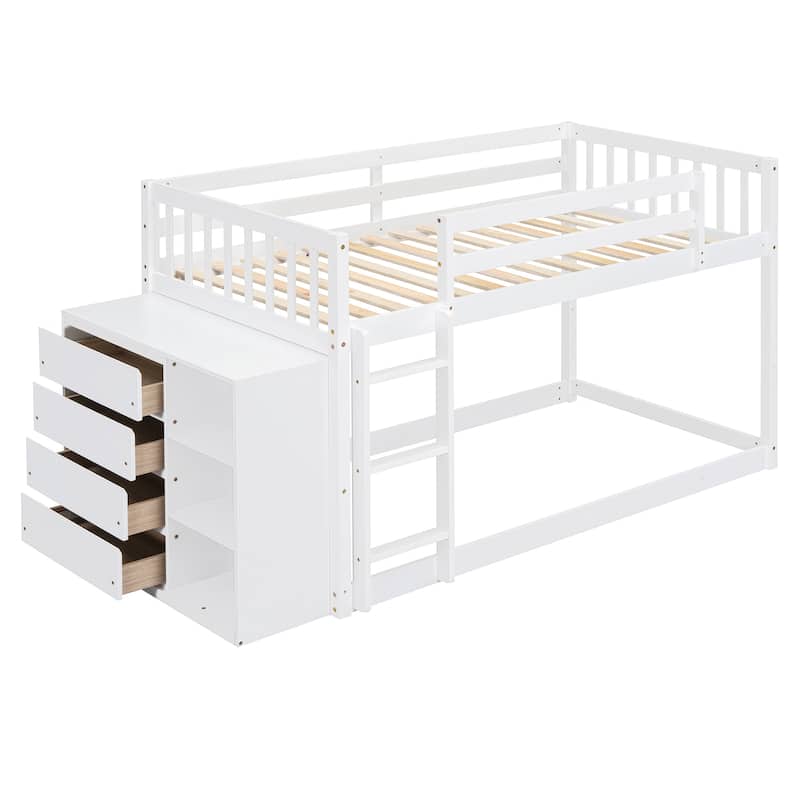 Twin Over Twin Bunk Bed with 4 Drawers and 3 Shelves in Solid Pine