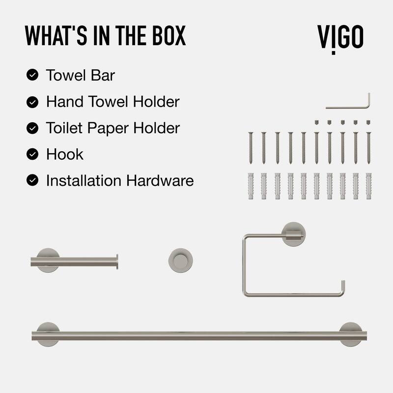 VIGO Elan 4-Piece Bathroom Hardware Accessory Set with 24 in. Towel Bar, Toilet Paper Holder, Hand Towel Holder, Hook
