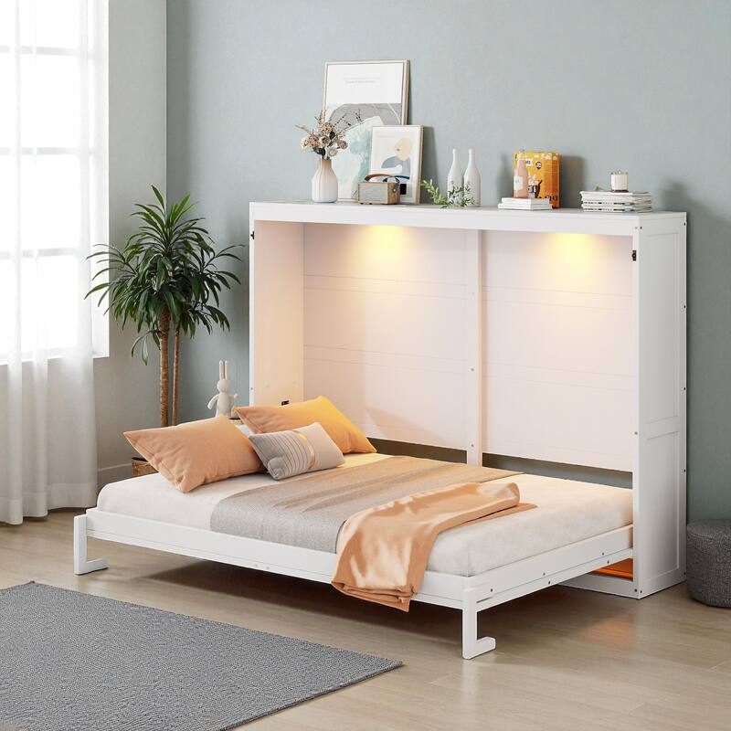 Modern Queen Size Murphy Bed with LED Lights, Wall Bed Cabinet with Wooden Slats, Space-Saving Foldable Design