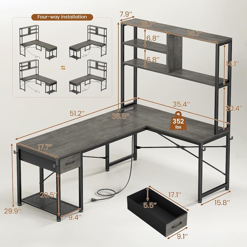 51.2" Reversible Small Corner Desk with Drawer L Shaped Gaming Desk