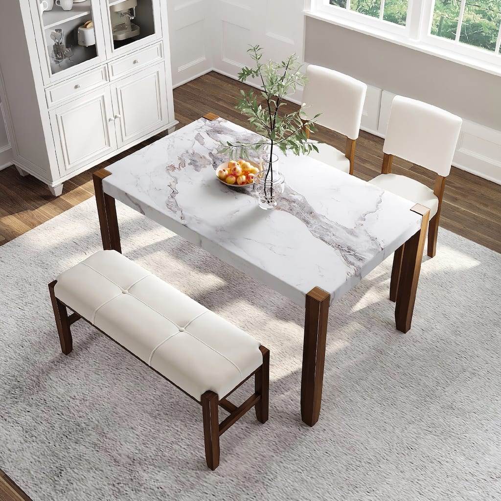 4-Piece Modern Dining Furniture Set with Table,2 Upholstered Chairs,Bench and Wood Legs