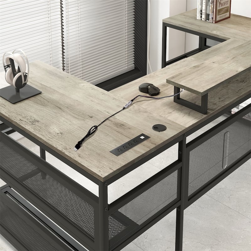 U-shaped Desk with Shelve and LED Lights