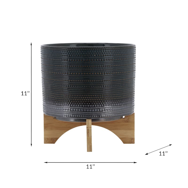 Sagebrook Home Ceramic Planter with Natural Wood Stand