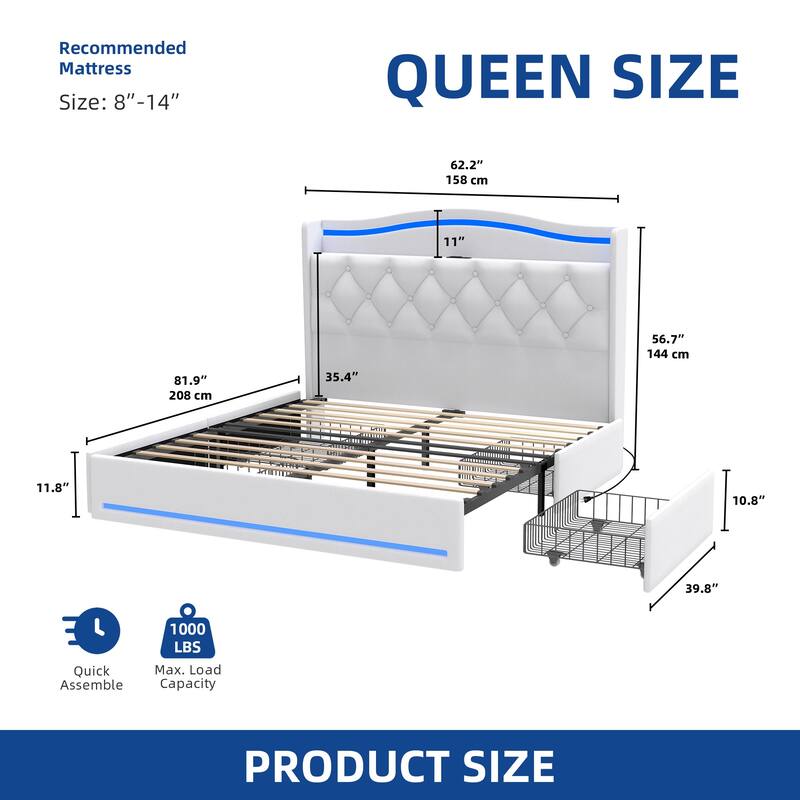 Moasis Queen Size Velvet Upholstered Bed Frame with 4 Storage Drawers & RGB Lights