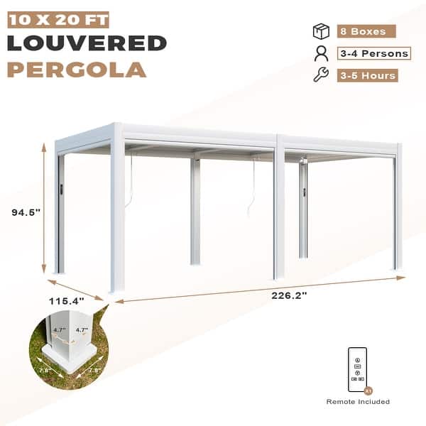 dimension image slide 10 of 30, EROMMY Outdoor Louvered Pergola Gazebo with Adjustable Aluminum Rainproof Roof