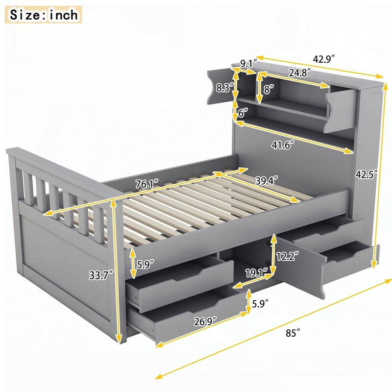 Captain Platform Bed Frame with Storage Bookcases and Shelves