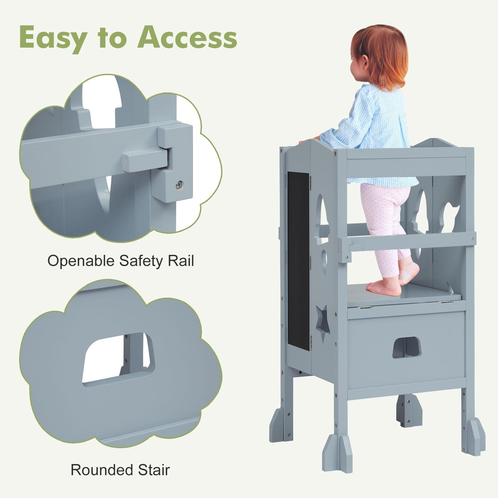 Kinbor Foldable Kitchen Child Standing Tower Learning Step Stool Helper with Safety Rail Drawing Board