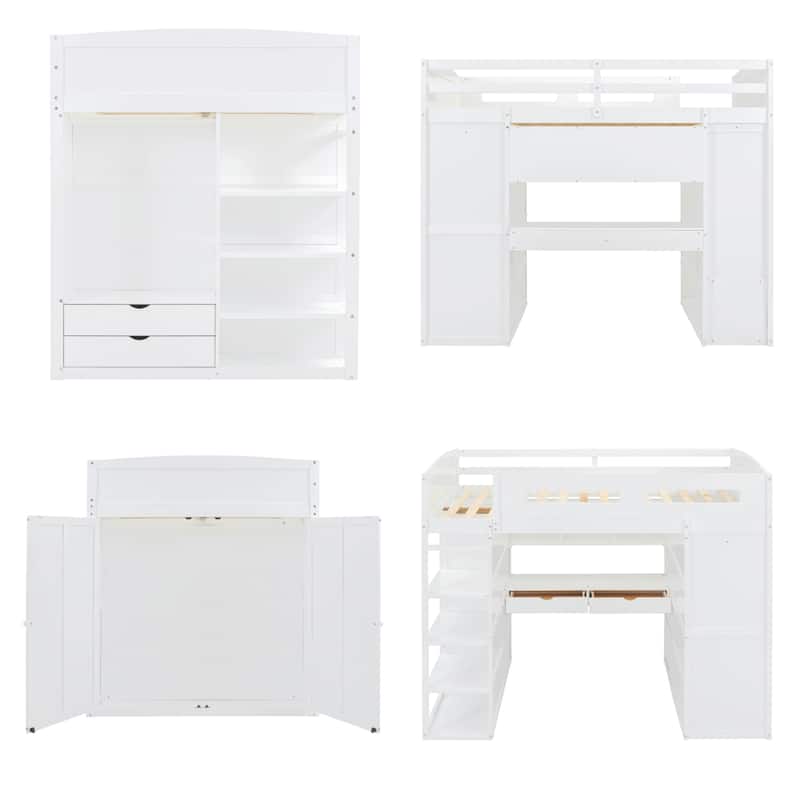 Full Size Wood Loft Bed with Desk, Wardrobes,Drawers and Shelves