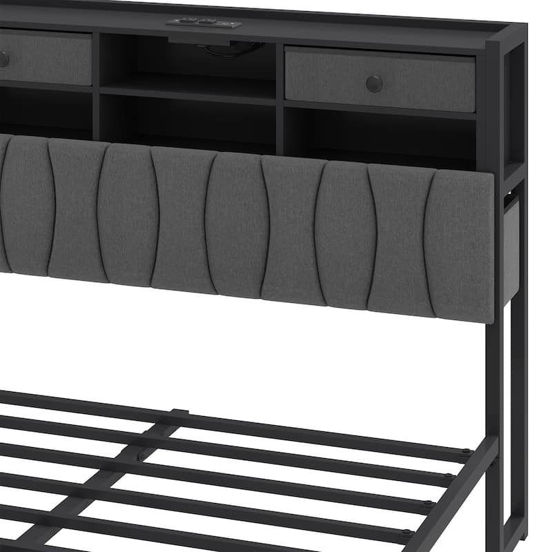 Linen Upholstered Platform Bed with Hidden Headboard Storage Charging Station and 2 Drawers