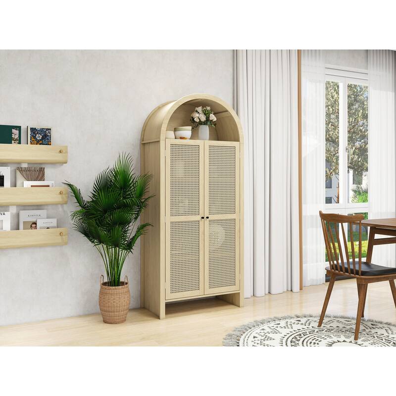 GDFStudio - Arched Natural Rattan Tall Pantry Storage Cabinet with Adjustable Shelves