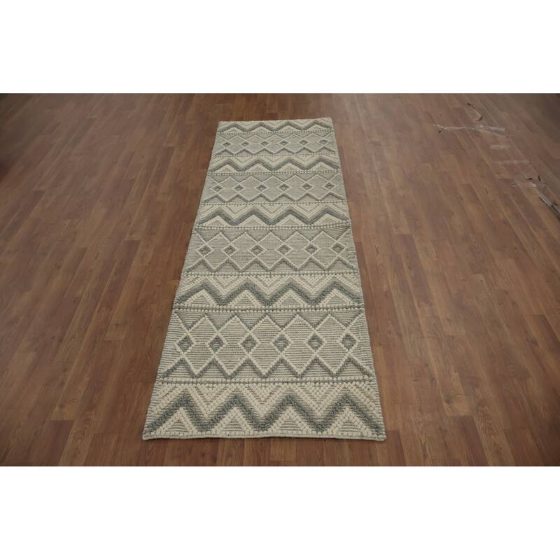 Hand Knotted Oriental 100% Wool Carpet Modern Geometric Greys & Charcoal Modern Gotti Design Runner Rug - 7' 11'' X 2' 7''