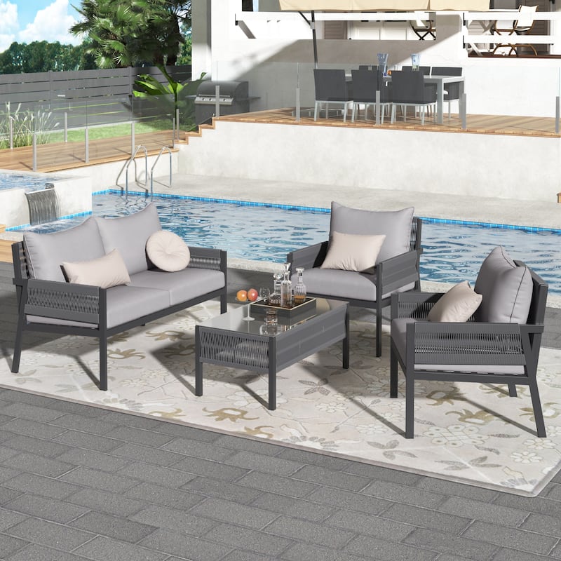 4 Piece Outdoor Woven Rope Furniture Set for 4 People, All Weather Patio Metal Conversation Sofa Set with Tempered Glass Table