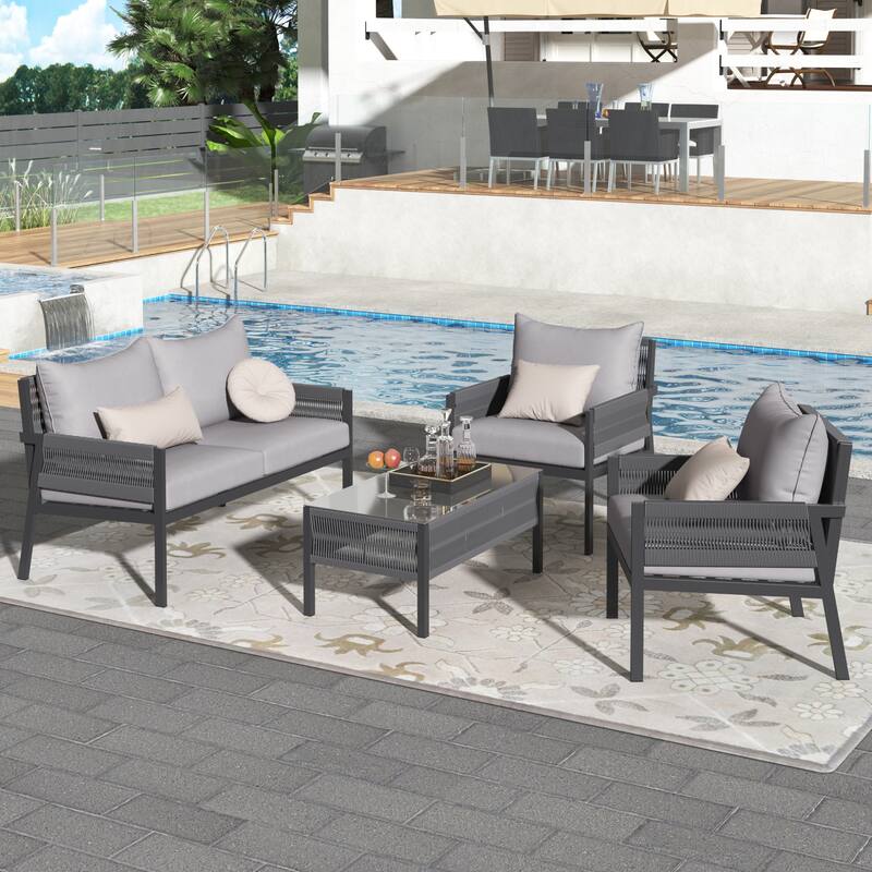 4-Piece Patio Furniture Set, Outdoor Garden Conversation Set with Tempered Glass Table, Deep Seating and Thick Cushion