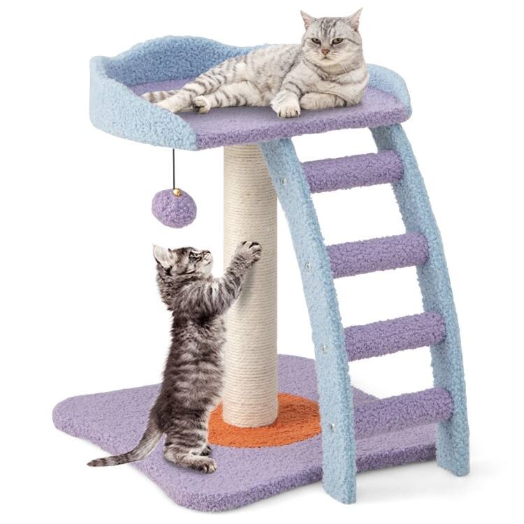 19 Inch Plush Cat Tree with Ladder and Jingling Ball-Purple