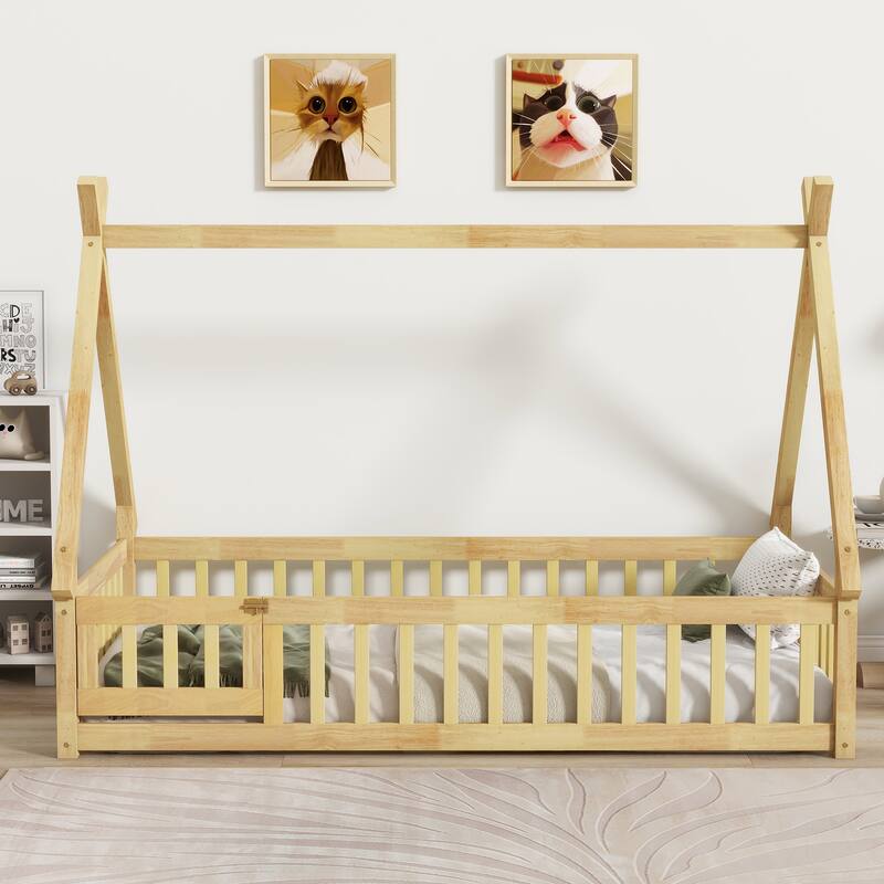 Twin Tent-shaped Floor Bed,Teepee Bed with Guardrails