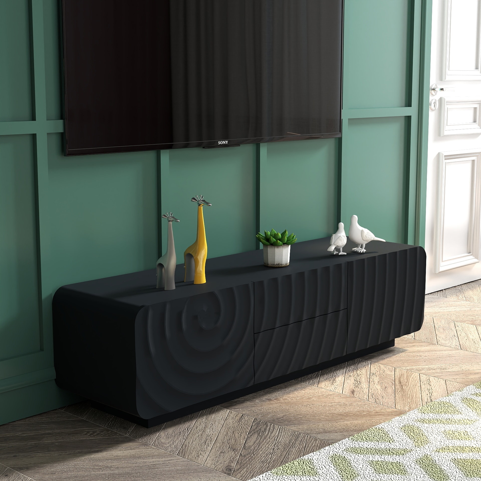 58'' TV Console featuring a Modern Unique Spiral Wave Design, complete with Storage Cabinet and 2 Drawers .