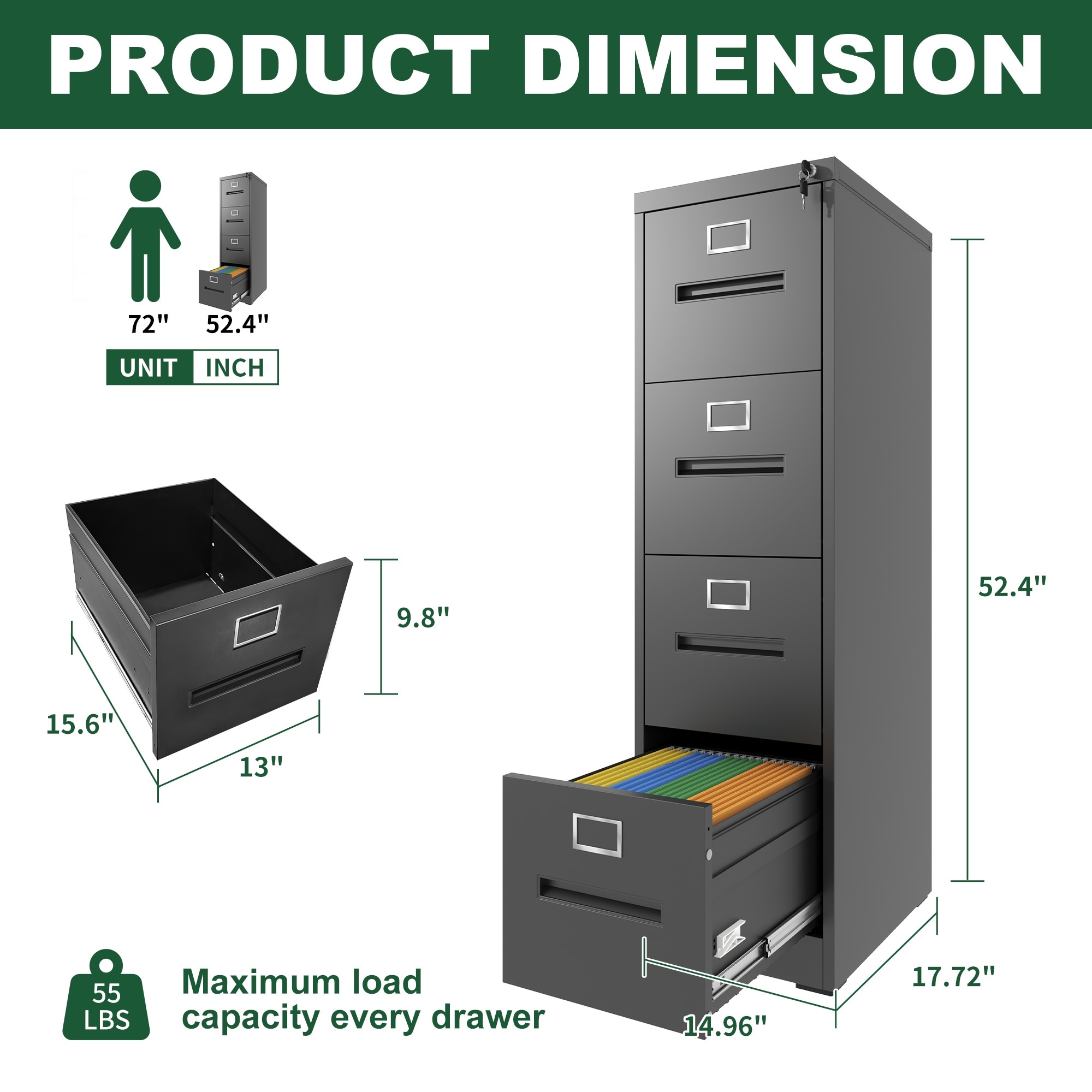 4 Drawer File Cabinet with Lock Metal Vertical File Cabinet Office Home, A4  Legal/Letter Size Narrow File Cabinet Locked, image size:2000x2000