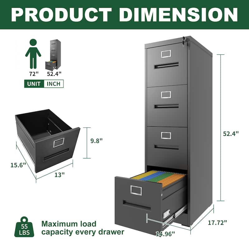4 Drawer File Cabinet with Lock Metal Vertical File Cabinet Office Home, A4 Legal/Letter Size Narrow File Cabinet Locked
