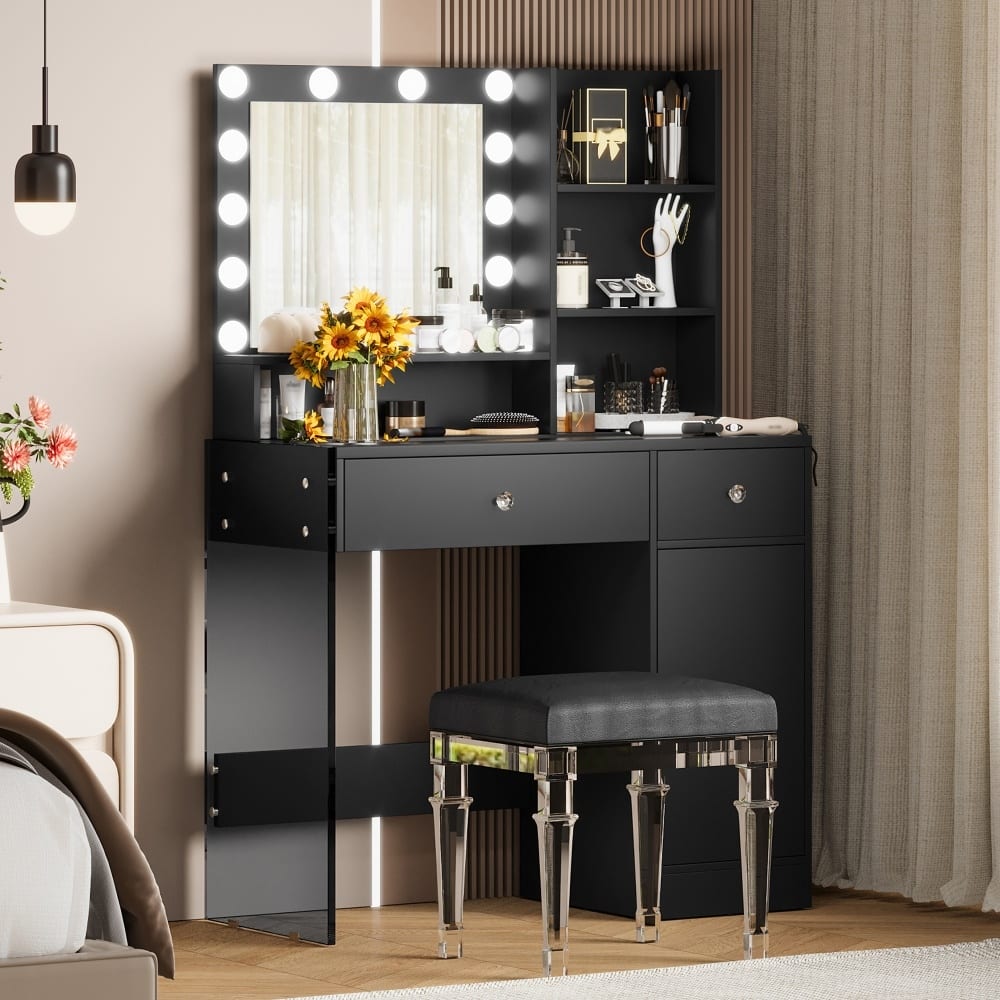 35.40" Dressing Vanity Table with Mirror and 3 Lighting Modes, Storage Shelves