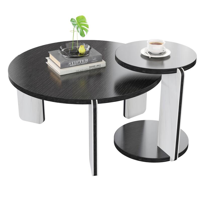 Round Nesting Coffee Table Set of 2, Sintered Stone Top Nesting Tables with Metal Frame, Modern Accent Side Table Set