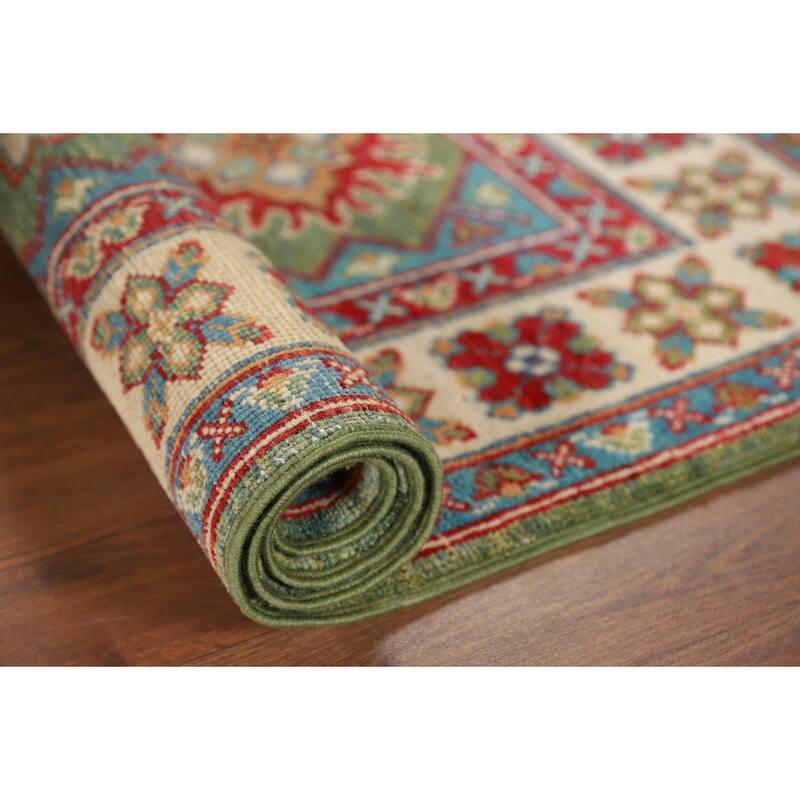 Green Geometric Kazak Oriental Foyer Rug Hand-Knotted Wool Carpet - 2'8" x 4'0"