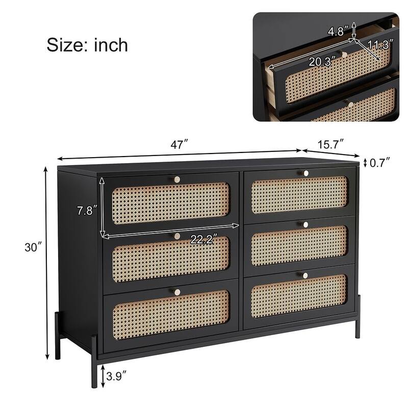 Farmhouse Rattan Dresser with 6 Drawers for bedroom