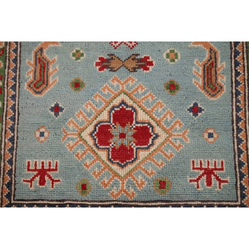 Light Blue Geometric Kazak Accent Rug Hand-Knotted Foyer Wool Carpet - 2'8" x 4'3"