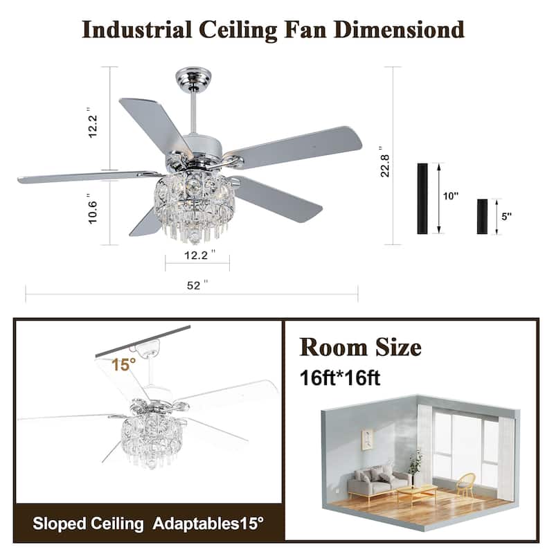 Bella Depot 52" Chrome Luxury Crystal Ceiling Fan with Light and Remote Control 6-Speed Reversible Blades - 52 Inches