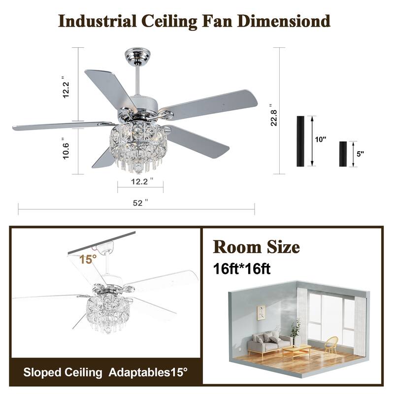 Bella Depot 52" Crystal Ceiling Fan with Reversible Blades, Remote Control and Light Kit