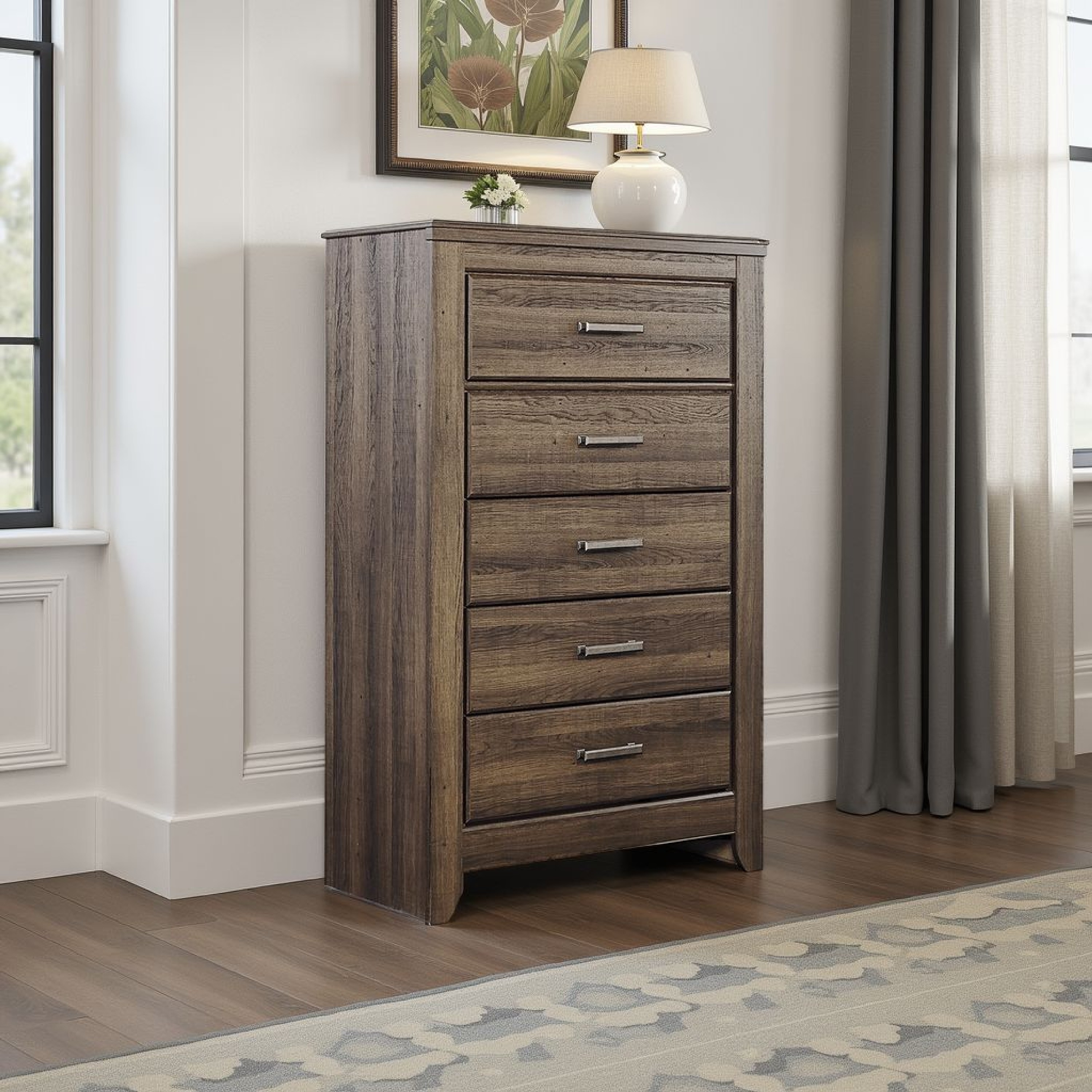 Benjara Rye Tall Dresser Chest, 5 Drawers, Modern Classic Laminate Dark Brown
