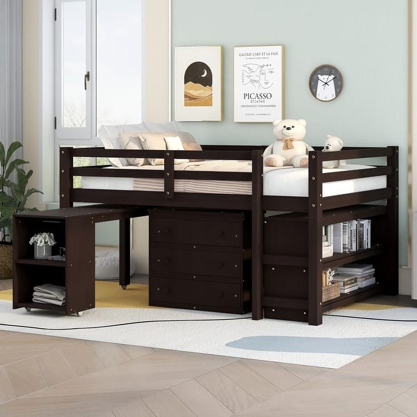 slide 2 of 15, Minimalist Design Full Size Wood Loft Bed,Low Study Bed with Rolling Portable Desk,Ample Storage Space Espresso