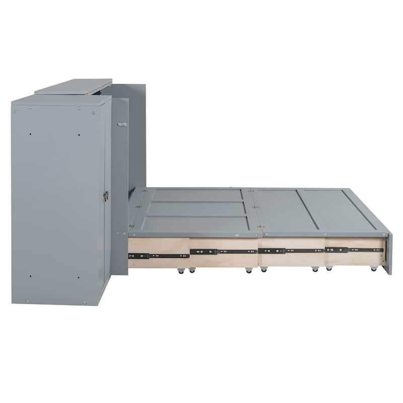 Queen Size Murphy Bed with USB Port, Large Drawer, and Wardrobe/Desk Combo - Versatile Gray Cabinet Bed