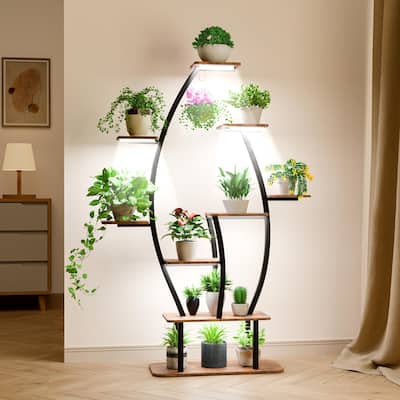 9-Tier Indoor Plant Stand with Adjustable Grow Lights and Leaf Shaped Shelf for Home Garden - 24.8”L x 10.8”W x 57.24”H